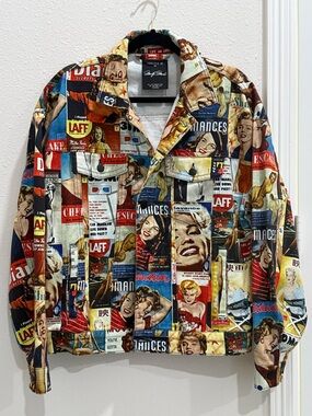 Vintage-Inspired Multicolor Print Trucker Denim Jacket